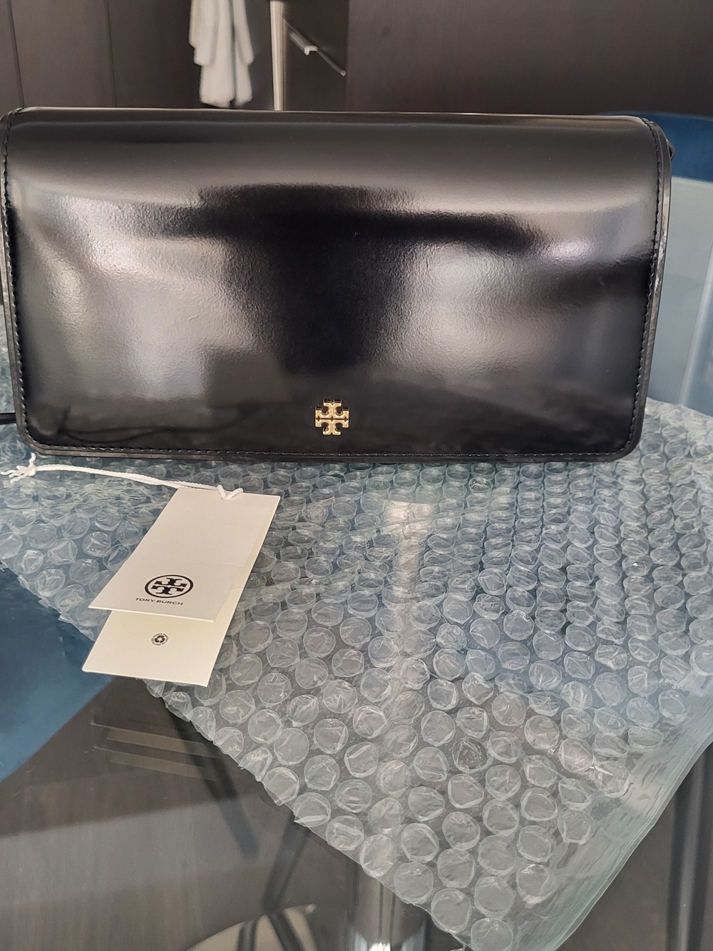 Tory Burch Black Patent Leather Fold-Over Clutch with Gold Logo
